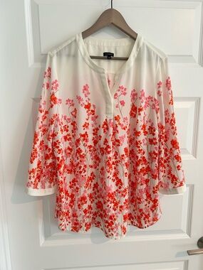 Talbots Floral Flowy Top Cream Pink Red Size XL
